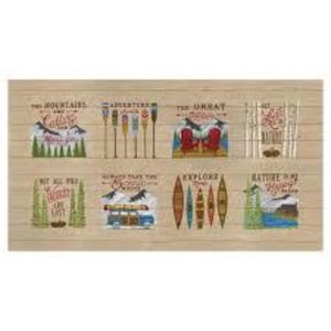 May include: Six wood-toned panels with nature-themed quotes and illustrations. The quotes include "The Mountains are Calling and I Must Go", "Adventure Awaits", "The Great Outdoors", "Let's Get Lost", "Why Not All The Wonders", "Always Take The Scenic Route", "Explore", and "Nature Finds A Way".