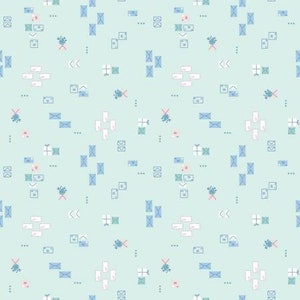 May include: A seamless pattern featuring a light blue background with various blue and pink illustrations. The pattern includes envelopes, flowers, and small squares.