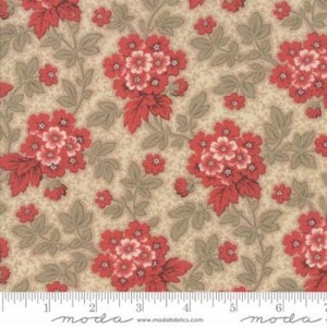 May include: Floral fabric with a repeating pattern of red and white flowers and green leaves on a beige background. The fabric has a vintage or antique aesthetic, suitable for quilting or crafting projects.
