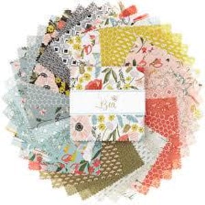 May include: A circular arrangement of fabric squares in various floral and geometric patterns. The color palette includes shades of pink, yellow, green, and blue. A central label reads "Bia". These fabric squares are ideal for quilting and crafting projects.