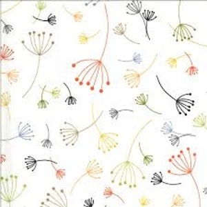 Puede incluir: Un fondo blanco con un patrón repetitivo de cabezas de semillas de diente de león estilizadas en negro, verde, azul, amarillo y rojo.