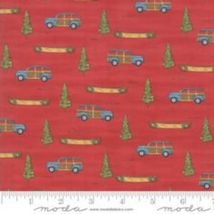 May include: Red fabric with a repeating pattern of blue and brown vintage station wagons, green pine trees, and brown canoes.