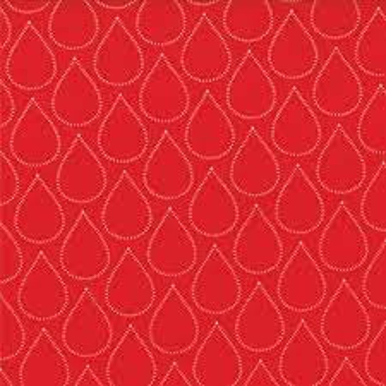 May include: Red fabric with a white repeating pattern of raindrops.