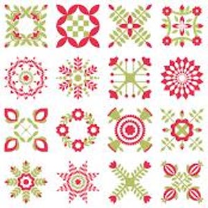 May include: A collection of twenty-four decorative floral and geometric designs in red, green, and white. The designs include wreaths, squares, and starburst patterns, suitable for various craft projects or decorative applications.
