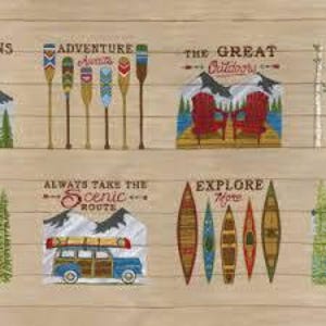 May include: A woodgrain background with six different designs featuring outdoor adventure themes. The designs include a row of paddles, two red Adirondack chairs, a vintage car, and three canoes. The text in the image reads "Adventure Awaits", "The Great Outdoors", "Always Take The Scenic Route", and "Explore More".