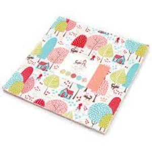 May include: A fabric bundle with 42 - 5 inch squares featuring a white background with colorful trees, houses, and birds. The fabric is perfect for quilting, sewing, and crafting.