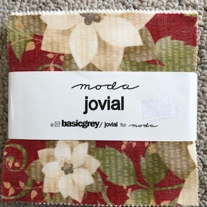 Może przedstawiać: Kwadratowy kawałek tkaniny z czerwono-biało-zielonym wzorem kwiatowym. Tkanina jest oznaczona jako "moda jovial" i "basicgrey/jovial for moda".