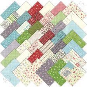 May include: A pack of 42 assorted fabric squares, each measuring 5 inches by 5 inches. The squares feature a variety of patterns and colors, including red, green, blue, white, and gray. The patterns include polka dots, stripes, and floral designs.