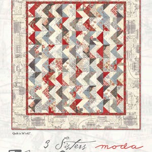 May include: A patchwork quilt with a geometric design in red, gray, and blue. The quilt measures 56" x 62". The border features a red frame and a cream-colored background with architectural sketches. The text "3 Sisters moda Etchings" is at the bottom.
