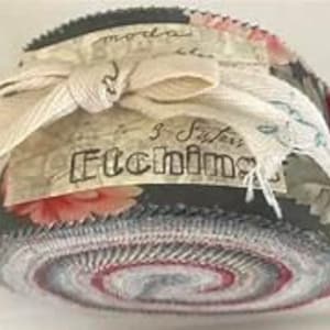 May include: Rolled fabric bundle featuring floral and patterned designs in shades of gray, pink, and cream. The bundle is tied with a cream-colored ribbon and includes a label that reads "3 Sisters Etchings".