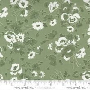 Könnte beinhalten: Grüner Stoff mit einem weißen Blumenmuster. Die Blumen sind eine Mischung aus kleinen Gänseblümchen und größeren Mohnblumen.