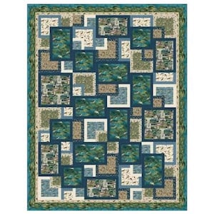 May include: A rectangular quilt featuring a patchwork design of various rectangular blocks in shades of navy blue, forest green, and cream. The fabric patterns include illustrations of fish, aquatic life, and textured motifs, framed by a dark green border.