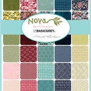 May include: A pack of 24 fat quarter fabric squares in a variety of colors and patterns, including geometric, floral, and solid colors. The fabric is from the "Nova" collection by BasicGrey.