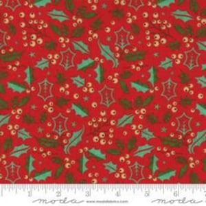 Peut inclure: Tissu rouge avec un motif répété de feuilles de houx vertes, de baies rouges et d'étoiles dorées.