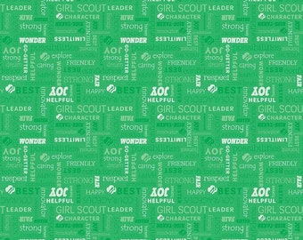 Tela de algodón con licencia de Girl Scouts, 1/2 yarda, Riley Blake C6773, texto verde, descatalogada.