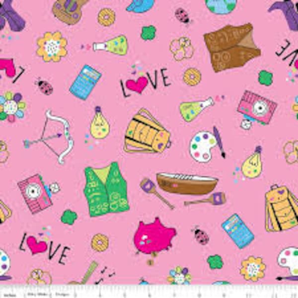 Girl Scouts Continuous 1/2 Yard Riley Blake C6770 Pink 2017 Licensed Brownies Icons OUT OF PRINT Cotton fabric