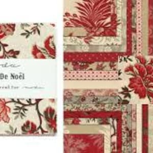 May include: A fabric bundle featuring a floral design in red, cream, and brown hues. The bundle is wrapped with a white band bearing the script "moda Esprit De Noël". The fabric squares are arranged to show a patchwork design.