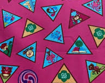 Girl Scouts 1/2 yard Brownie Girl Guide Badges Symbols Dark Pink Licensed Cotton fabric