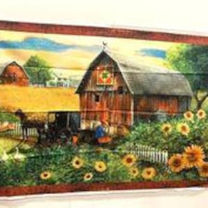May include: A painting of a red barn with a quilt pattern on the side, surrounded by sunflowers and a horse-drawn carriage. The barn is in a field with a farmhouse in the background.