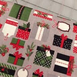 Christmas Delivery 1/2 yard by Carta Bella for Riley Blake, #C7331-GRAY Presents, Wrapped Presents, Labels on Gray, Twigs, Bows