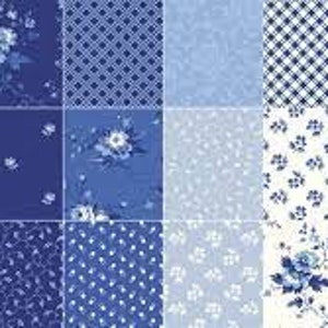 May include: A collection of 16 blue and white fabric squares with various floral and geometric patterns. The squares are arranged in a grid pattern.