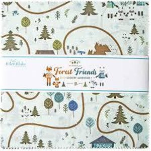 May include: A stack of fabric squares featuring a light blue backdrop with a repeating pattern of trees, animals, and winding paths. The fabric is labelled "Forest Friends" with illustrations of a fox and a panda.