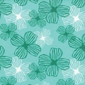 May include: A teal blue background with a repeating pattern of white and teal blue stylized flowers. The flowers have a striped pattern.