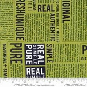 May include: Green and black fabric with a repeating pattern of the words "Real", "Simple", "Pure", "Reshunique", "Original", and "Authentic".