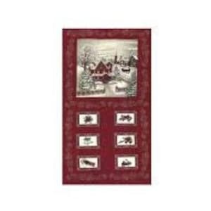 Peut inclure: Un panneau de tissu rectangulaire avec une scène de village d'hiver au centre et six petites images en dessous. La scène principale est en noir et blanc, encadrée par une bordure rouge avec des motifs floraux. Les petites images représentent des véhicules anciens.