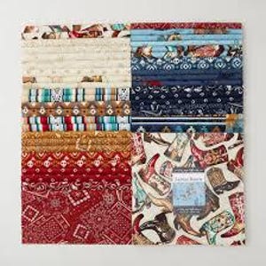 May include: A stack of fabric bundles featuring various patterns. Designs include cowboy boots, bandanas, and geometric shapes in shades of red, blue, tan, and brown. The fabric appears to be cotton, suitable for quilting or crafting projects.