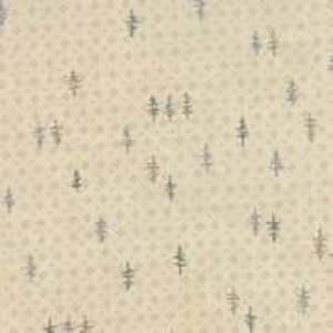 May include: A beige fabric with a repeating pattern of small, dark gray and brown stylized trees. The trees are scattered randomly across the fabric.