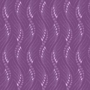 May include: A repeating pattern featuring a deep purple background with vertical, wavy lines. Each line is composed of small, white dots and a lighter purple, textured design. The overall effect is a textured, abstract design.