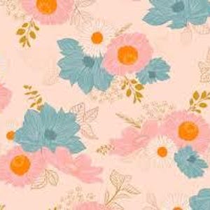 Puede incluir: Un patrón repetido de flores estilizadas en tonos rosa, turquesa y blanco, con centros naranjas y acentos de hojas doradas, sobre un fondo melocotón. El diseño floral es una mezcla de elementos detallados y delineados.