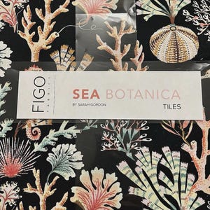 May include: Fabric squares featuring a black background with coral, sea urchin, and other sea life designs in shades of peach, cream, and teal. The label reads "SEA BOTANICA" by Sarah Gordon, and "TILES".