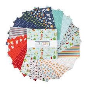 May include: A collection of patterned fabric squares in various colors and designs, including polka dots, stripes, and whimsical illustrations. The central fabric bundle features the word "Pitsy" on the label. Ideal for quilting and crafting projects.