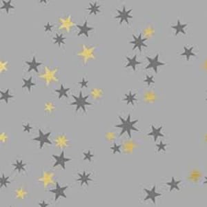 May include: A seamless pattern with gray and gold stars on a light gray background.