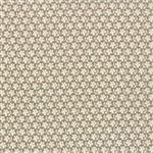 May include: Close-up of a beige and gray woven fabric with a repeating floral pattern. The fabric has a textured appearance, with small, raised floral designs creating a subtle, all-over pattern. The color palette is neutral, suitable for various textile projects.