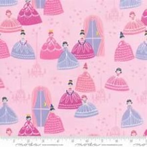 May include: A pink fabric featuring a repeating pattern of figures in ball gowns, arched windows with curtains, and chandeliers. The figures are depicted in shades of pink and purple with dark hair. The word moda is printed on the bottom edge.