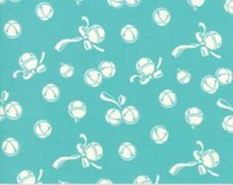 May include: Turquoise fabric with a repeating pattern of white bell clusters and individual bells. Each bell cluster has a bow. A ruler is at the bottom of the image, with the word "moda" printed on it.