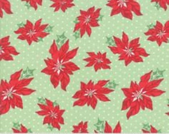 Moda Sweet Christmas Continuous HALF YARD Tossed Poinsettias on Dotted Background - Spearmint - Cotton fabric - Out of Print