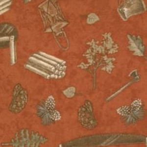 May include: A red background with a pattern of camping and nature-themed illustrations. The illustrations include a lantern, a pile of logs, a tree, a pine cone, a saw, an axe, and a leaf.