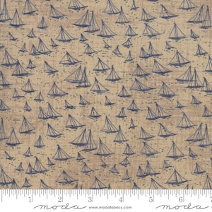 May include: A beige fabric with a repeating pattern of blue sailboats. The fabric has a textured, linen-like appearance. The text "moda" appears at the bottom of the image.