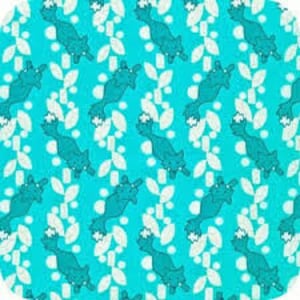 May include: Teal blue fabric with a repeating pattern of white leaves and a stylized cat design.