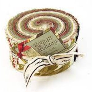 May include: A roll of fabric featuring a variety of holiday-themed prints in red, green, and cream colours. The fabric is rolled up and tied with a ribbon. The label reads "Roman Holiday" by Moda Fabrics.