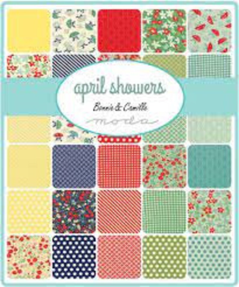 May include: A fabric collection called "April Showers" by Bonnie & Camille Moda featuring 24 different prints in a variety of colors and patterns, including floral, geometric, and stripes.