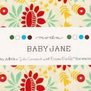 May include: A fabric bundle featuring a cream background with a repeating floral pattern in red, yellow, and light blue. A white paper band across the center displays the text "moda", "BABY JANE", and "by Erica's Julia Comstock of Cosmo Cricket for moda".