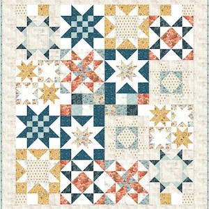 May include: A patchwork quilt with a repeating star design in navy, coral, and gold. The quilt has a cream border and is made up of geometric shapes and floral patterns. The quilt's dimensions are not visible.