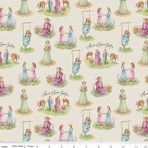 May include: A cream-colored fabric with a repeating pattern of girls in dresses and cows. The text "Anne of Green Gables" appears in the pattern.