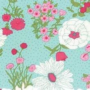 May include: A teal blue background with a repeating pattern of pink, white, and green flowers. The flowers are stylized and have a vintage look.