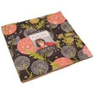 May include: A pack of 42 fat quarter fabric squares featuring a dandelion print in shades of black, green, and pink. The fabric is designed by Moda Fabrics.